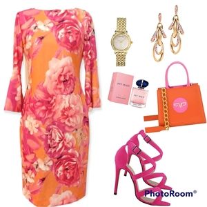 Calvin Klein Scuba Crepe Floral Print Bell Sleeve Sheath Dress Orange Pink NWT